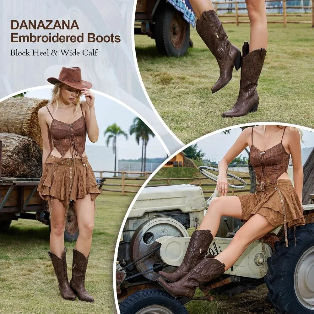 Women Brown Wide Calf Rhinestones Pointed Toe Chunky Heel Embroidered Boots - Picture 2 of 8